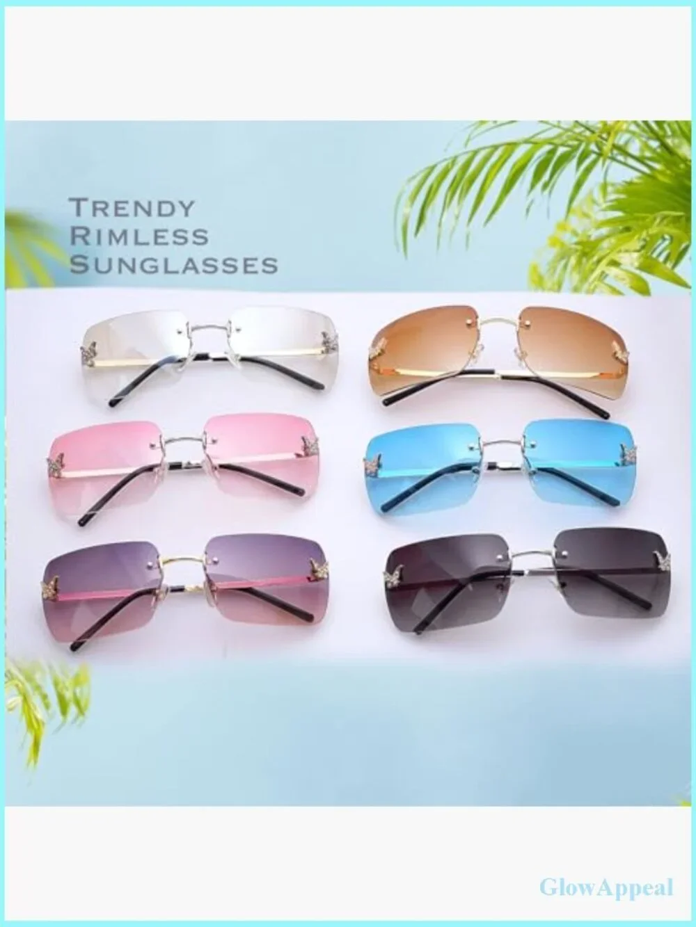 Rimless Rectangle Y2K Sunglasses with Butterfly Detail, UV400 Protection